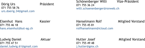 Eisenhut  Hans                 Kassier 071 755 46 18 hans.eisenhut@but-ag.ch            Hanselmann Rolf                Mitglied Vorstand 071 755 45 81 rolfhanselmann@icloud.com    Hutter Josef                       Mitglied Vorstand 071 755 49 48 j.hutter@gmx.ch     Dörig Urs                        Präsident 071 755 58 76 urs.doerig.34@gmail.com  Ludwig Daniel                   Aktuar 071 755 47 51 daniel.ludwig.61@gmail.com    Schönenberger Willi          Vize-Präsident 071 755 36 24       willi.schoenenberger@rsnweb.ch