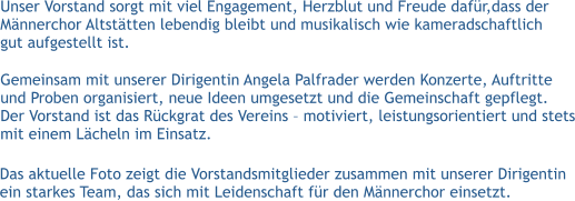 Unser Vorstand sorgt mit viel Engagement, Herzblut und Freude dafür,dass der  Männerchor Altstätten lebendig bleibt und musikalisch wie kameradschaftlich  gut aufgestellt ist.  Gemeinsam mit unserer Dirigentin Angela Palfrader werden Konzerte, Auftritte und Proben organisiert, neue Ideen umgesetzt und die Gemeinschaft gepflegt.  Der Vorstand ist das Rückgrat des Vereins – motiviert, leistungsorientiert und stets mit einem Lächeln im Einsatz.  Das aktuelle Foto zeigt die Vorstandsmitglieder zusammen mit unserer Dirigentin ein starkes Team, das sich mit Leidenschaft für den Männerchor einsetzt.